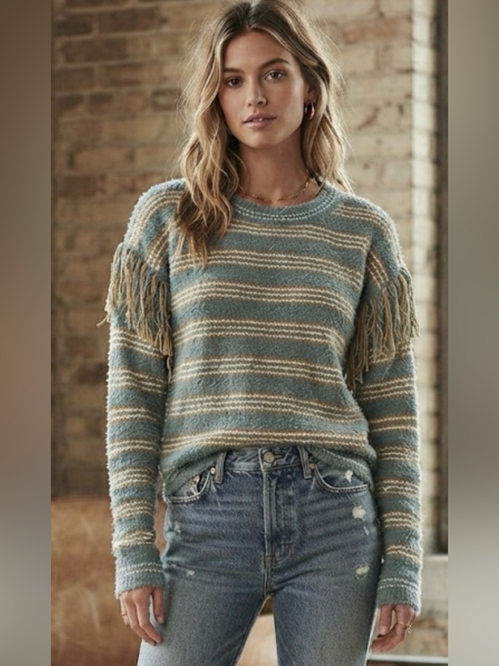 NWT - Mystree Seafoam Textured Stripe Pullover Sweater w Fringe Detail